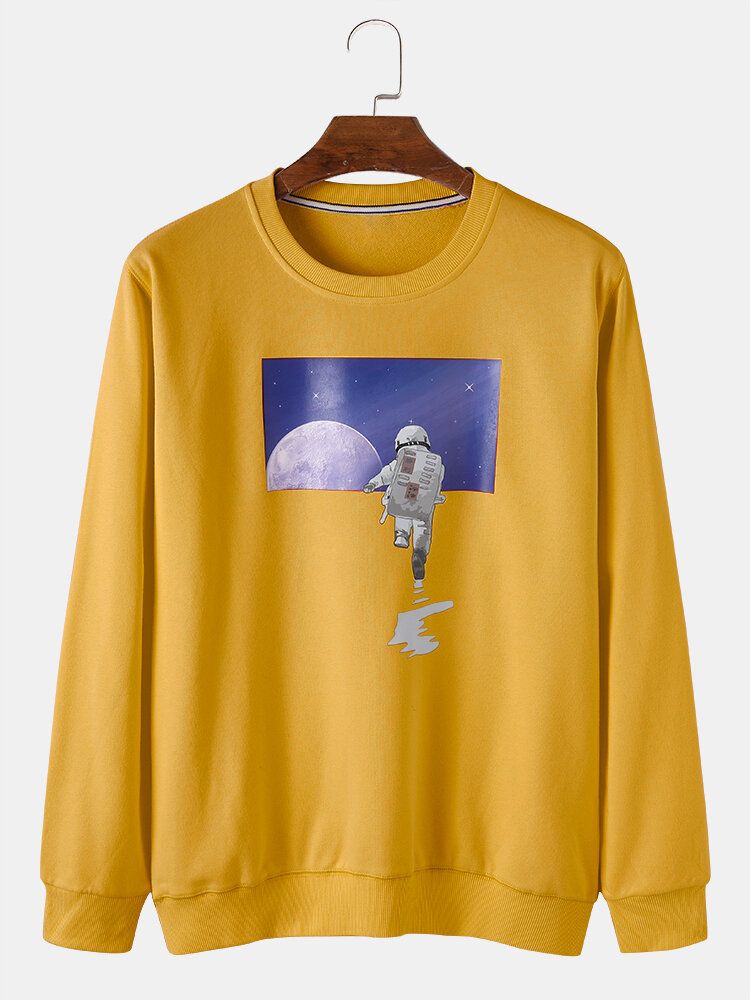 Lässige Pullover-sweatshirts Aus Baumwolle Mit Astronautenmond-grafik Und Rundhalsausschnitt Für Herren