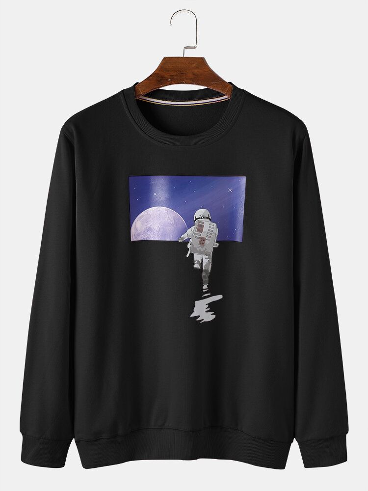 Lässige Pullover-sweatshirts Aus Baumwolle Mit Astronautenmond-grafik Und Rundhalsausschnitt Für Herren