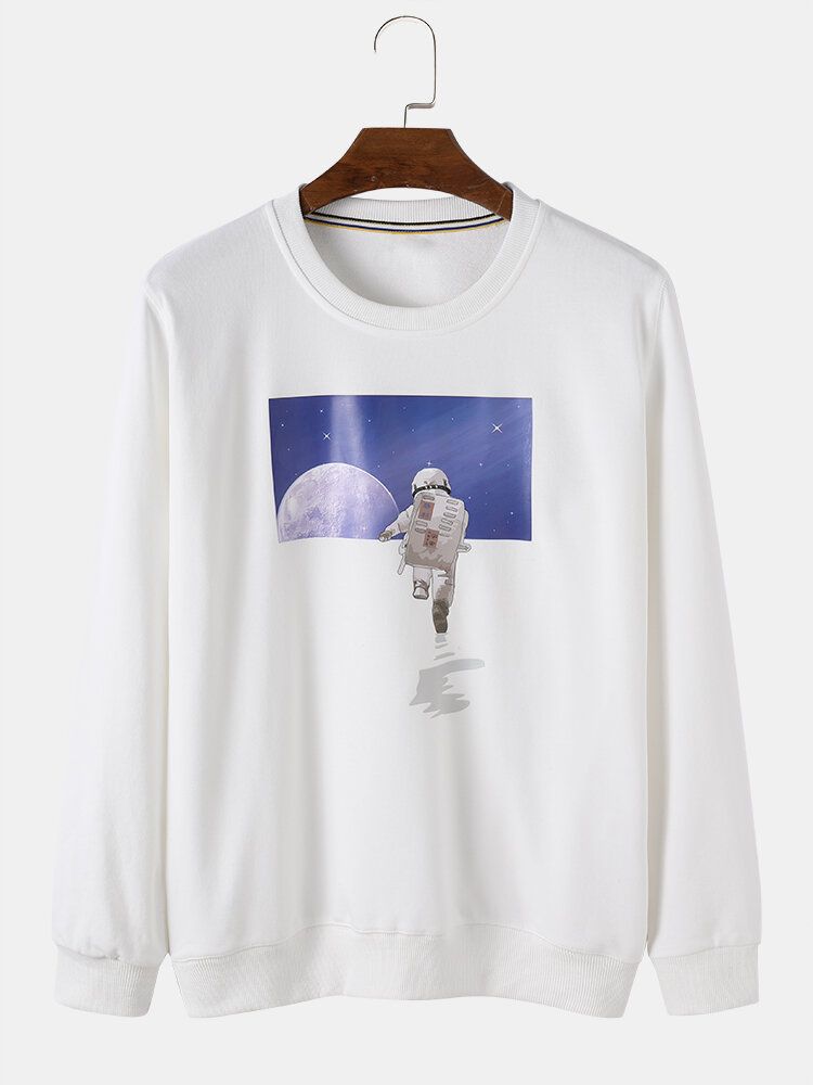 Lässige Pullover-sweatshirts Aus Baumwolle Mit Astronautenmond-grafik Und Rundhalsausschnitt Für Herren