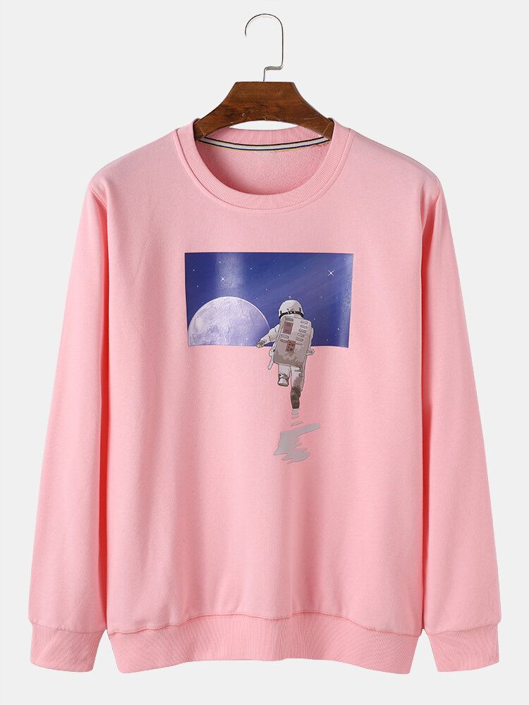 Lässige Pullover-sweatshirts Aus Baumwolle Mit Astronautenmond-grafik Und Rundhalsausschnitt Für Herren