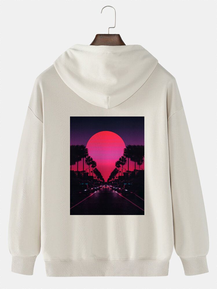 Lässiger Pullover-hoodie Aus Fester Baumwolle Mit Sonnenuntergangsszenerie Und Grafischem Rückendruck Für Herren