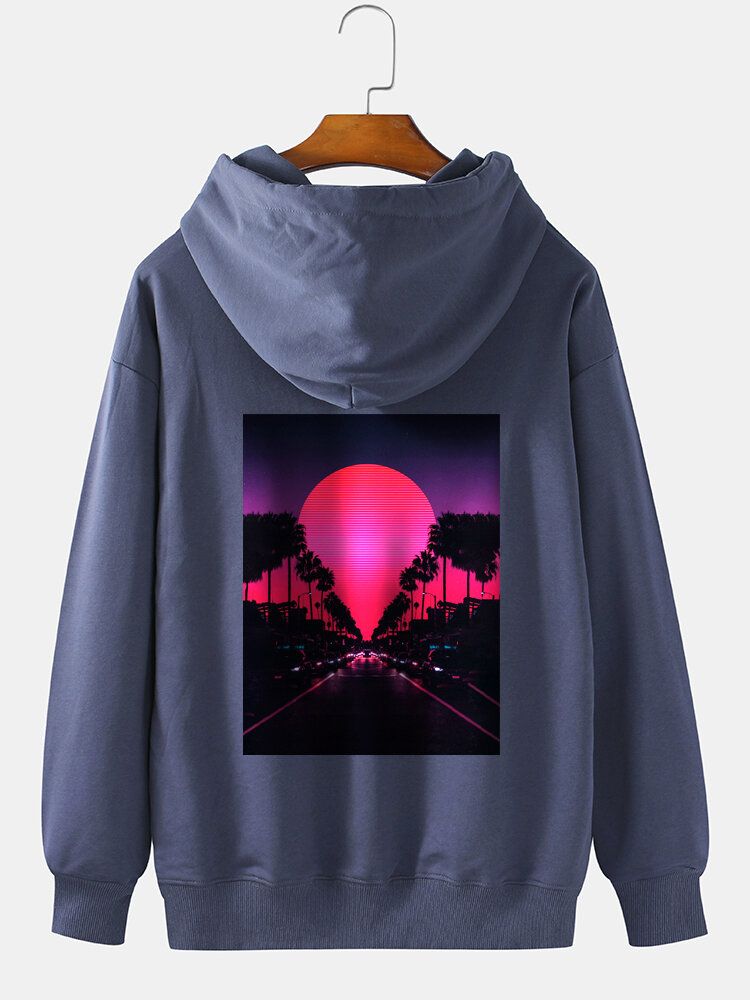 Lässiger Pullover-hoodie Aus Fester Baumwolle Mit Sonnenuntergangsszenerie Und Grafischem Rückendruck Für Herren