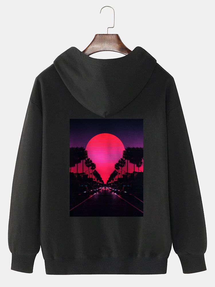 Lässiger Pullover-hoodie Aus Fester Baumwolle Mit Sonnenuntergangsszenerie Und Grafischem Rückendruck Für Herren