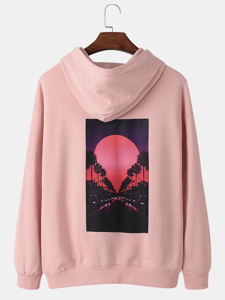 Lässiger Pullover-hoodie Aus Fester Baumwolle Mit Sonnenuntergangsszenerie Und Grafischem Rückendruck Für Herren