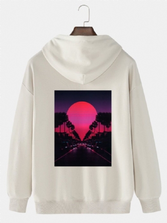 Lässiger Pullover-hoodie Aus Fester Baumwolle Mit Sonnenuntergangsszenerie Und Grafischem Rückendruck Für Herren