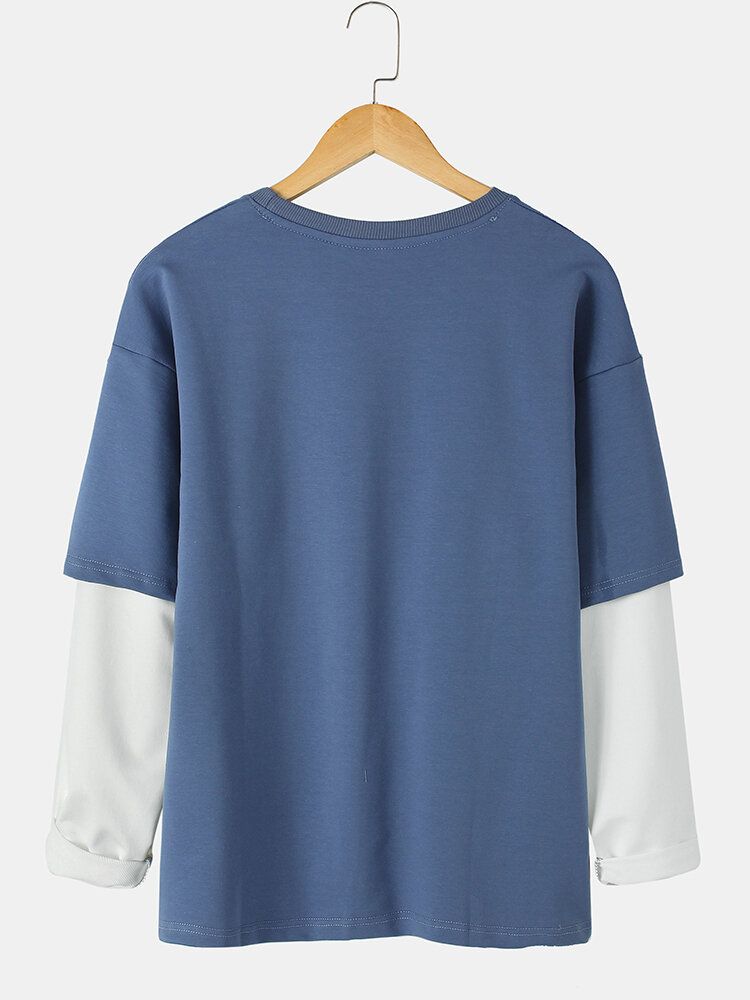 Lässiges Baumwoll-sweatshirt Mit Faux-twinset Für Herren Zweifarbig Patchwork Rundhalsausschnitt