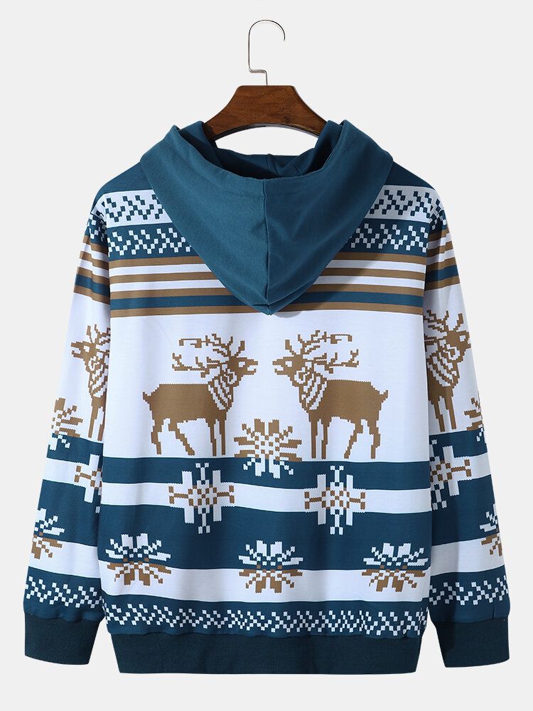 Lässiges Kapuzen-sweatshirt Mit Weihnachts-schnee-elch Und Kontrastdruck Für Herren