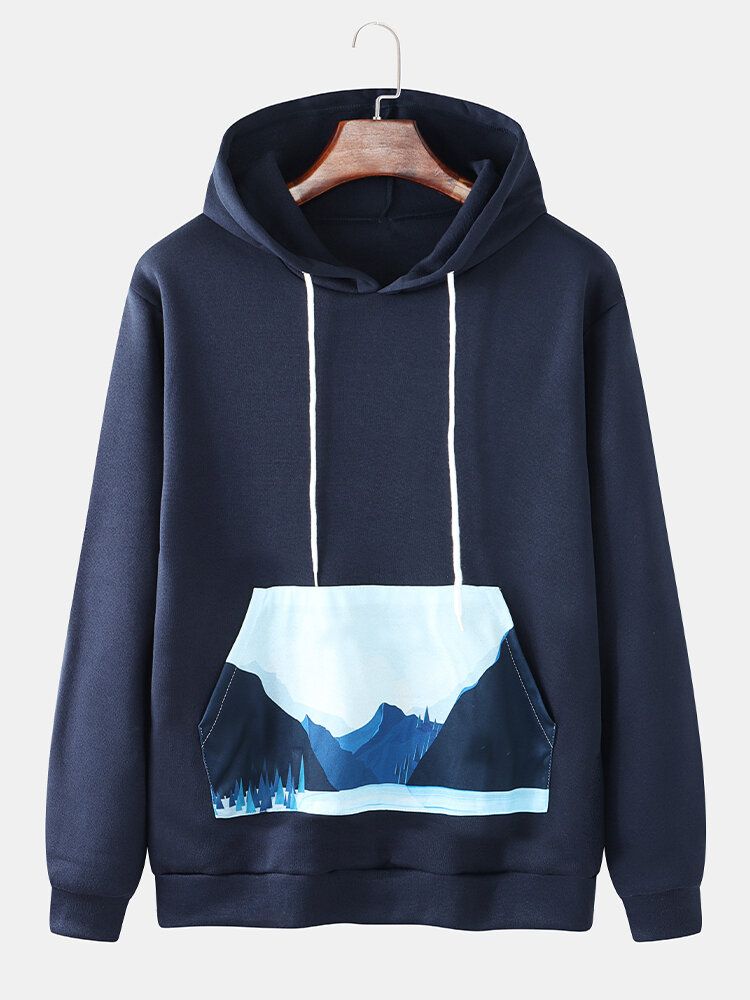 Langärmlige Einfache Hoodies Mit Landschaftsdruck Und Tasche Für Herren