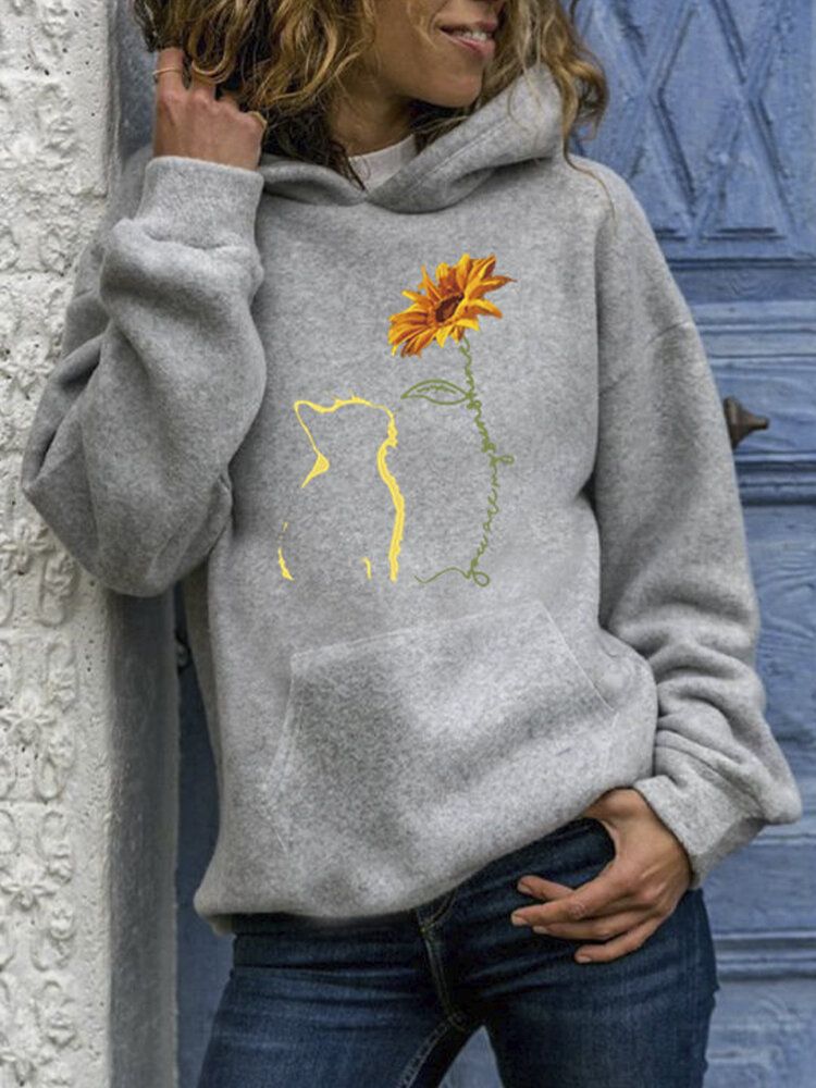 Langärmlige Hoodies Mit Kängurutasche Und Abstraktem Katzen-und Sonnenblumendruck Für Damen