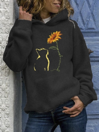 Langärmlige Hoodies Mit Kängurutasche Und Abstraktem Katzen-und Sonnenblumendruck Für Damen