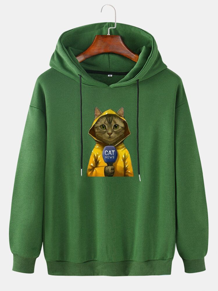 Langärmlige Hoodies Mit Niedlichem Cartoon-katzendruck Für Herren Mit Fallender Schulter