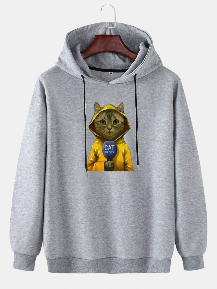 Langärmlige Hoodies Mit Niedlichem Cartoon-katzendruck Für Herren Mit Fallender Schulter