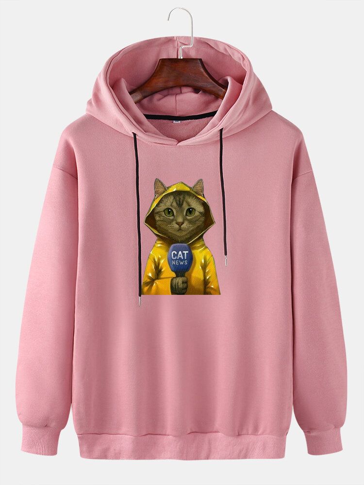 Langärmlige Hoodies Mit Niedlichem Cartoon-katzendruck Für Herren Mit Fallender Schulter