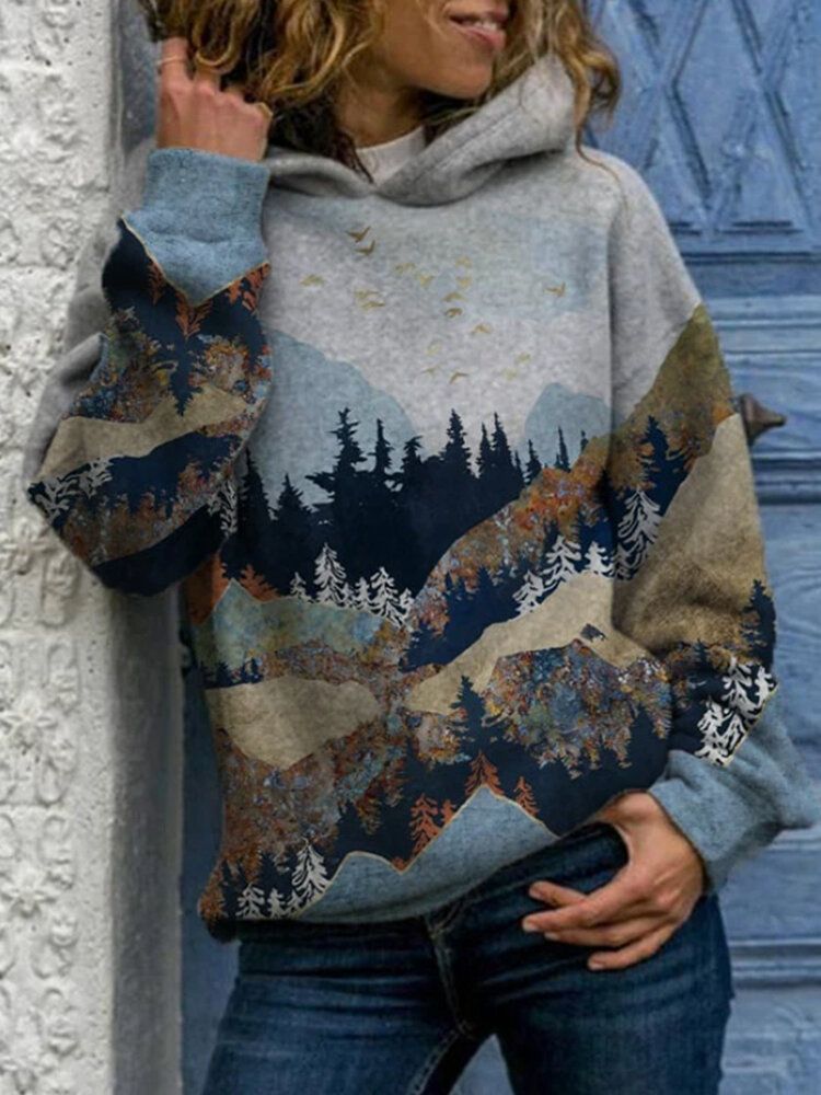 Langärmliger Freizeit-hoodie Mit Landschaftsdruck Und Kapuze Für Frauen