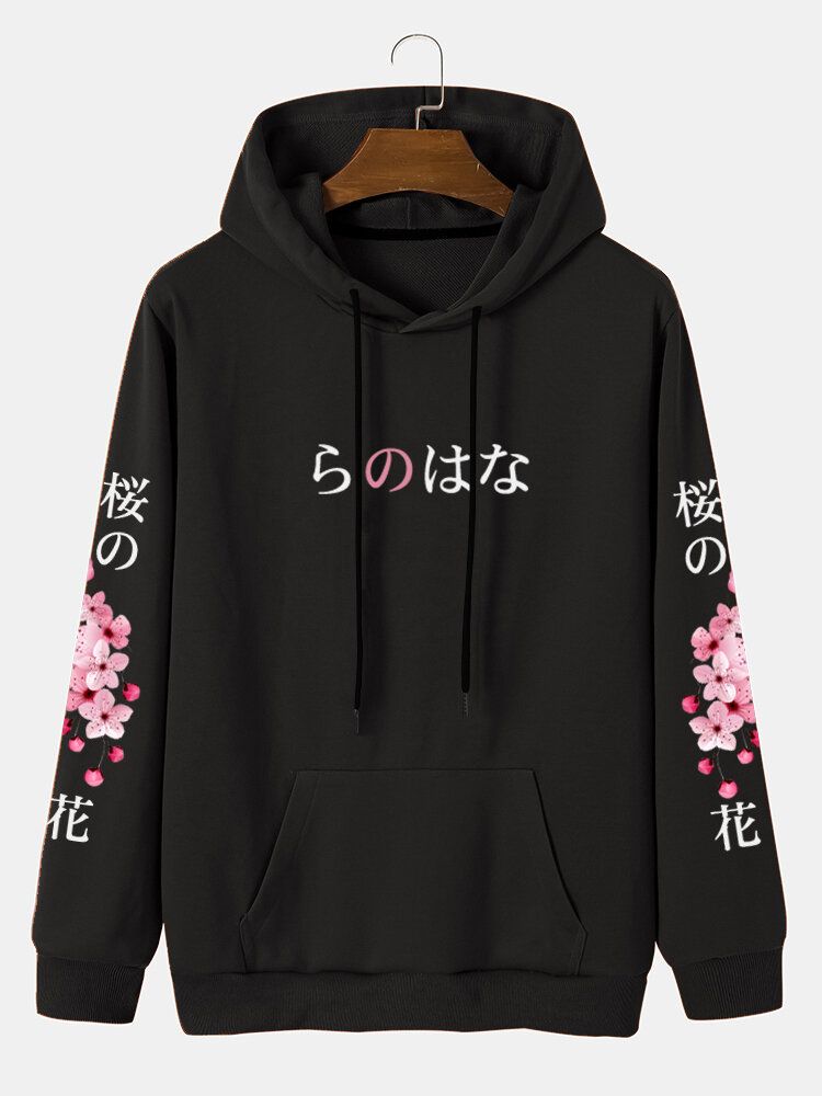 Langärmliges Kapuzen-sweatshirt Mit Japanischem Buchstaben-kirschdruck Und Kordelzug