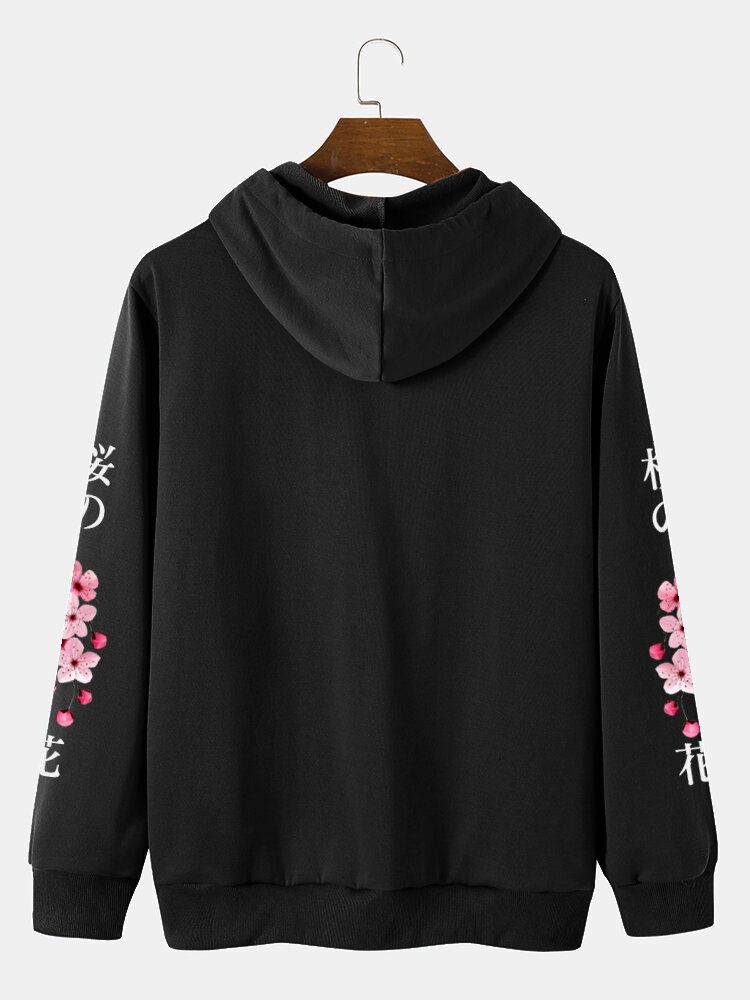 Langärmliges Kapuzen-sweatshirt Mit Japanischem Buchstaben-kirschdruck Und Kordelzug