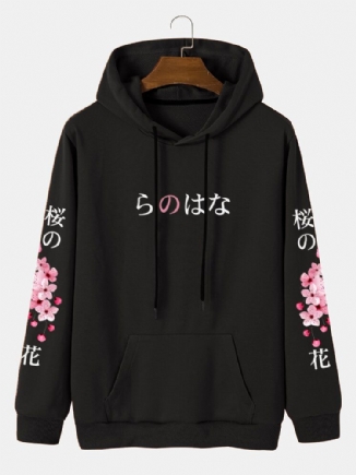 Langärmliges Kapuzen-sweatshirt Mit Japanischem Buchstaben-kirschdruck Und Kordelzug