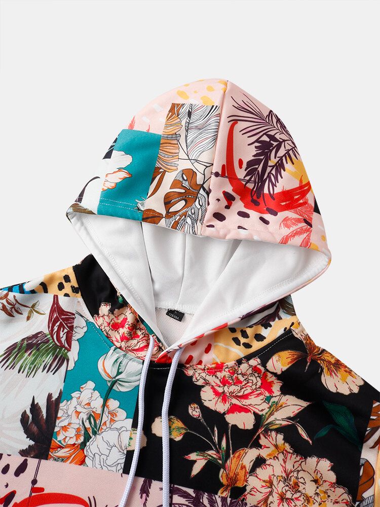 Langarm-hoodies Mit Blumenmuster Und Farbblock Für Herren Mit Tasche