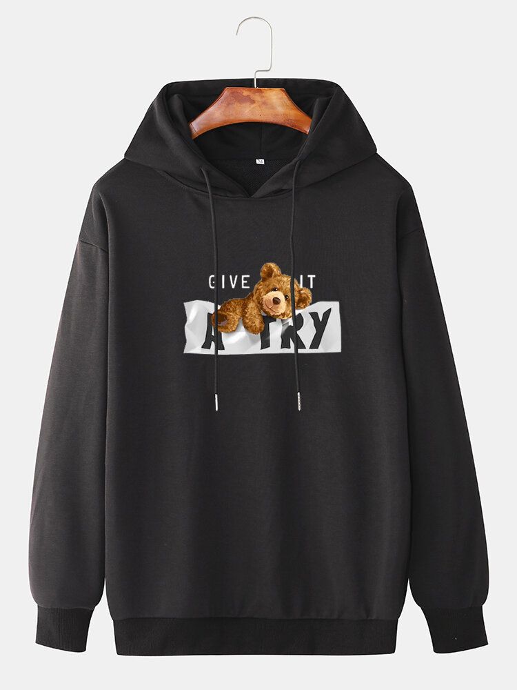 Langarm-hoodies Mit Cartoon-bärenmuster Und Slogan-print Für Herren