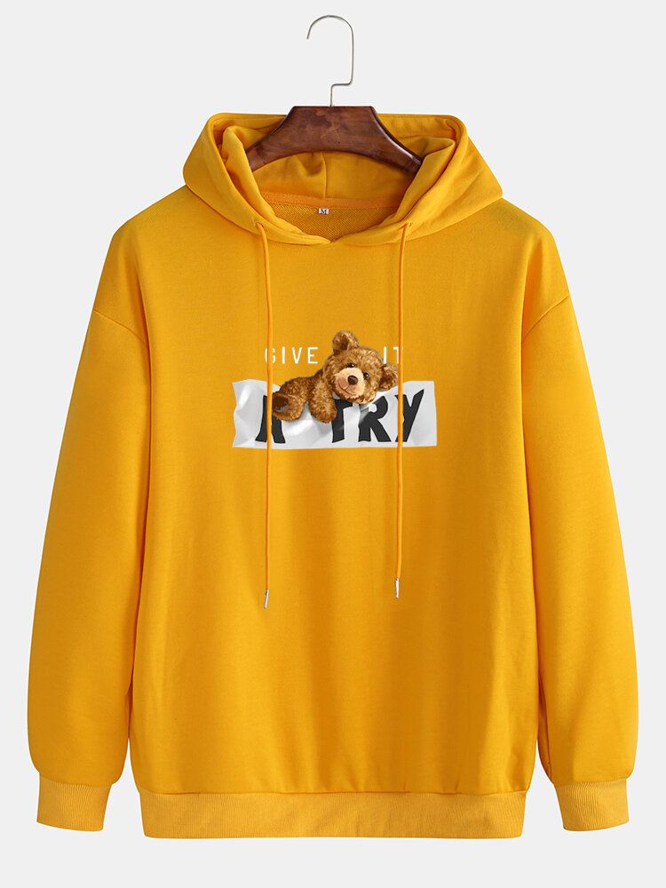 Langarm-hoodies Mit Cartoon-bärenmuster Und Slogan-print Für Herren