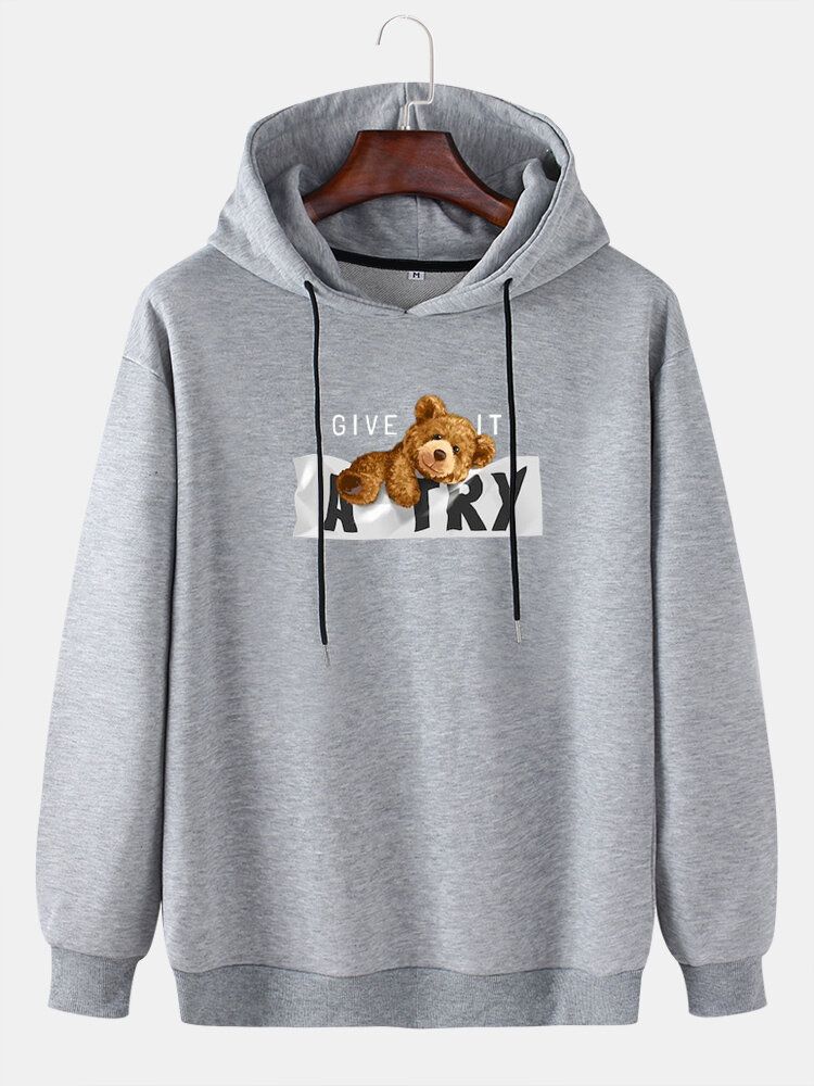 Langarm-hoodies Mit Cartoon-bärenmuster Und Slogan-print Für Herren