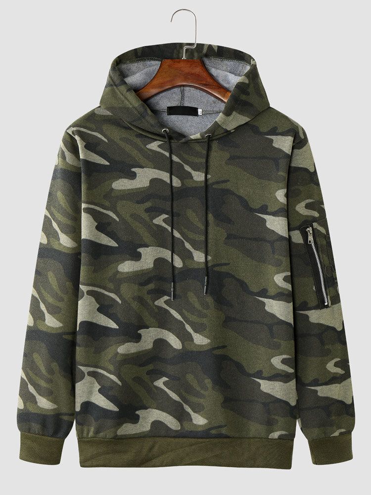 Männer Camo Print Reißverschluss Kordelzug Bodycorn Saum Lässiges Kapuzen-sweatshirt