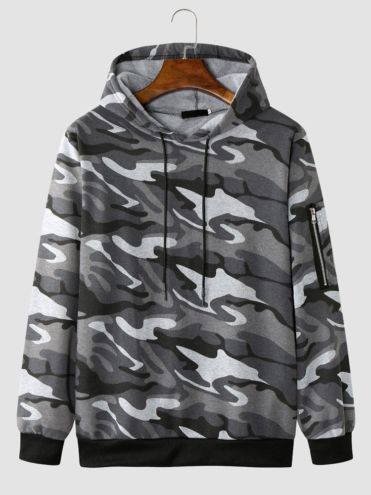 Männer Camo Print Reißverschluss Kordelzug Bodycorn Saum Lässiges Kapuzen-sweatshirt