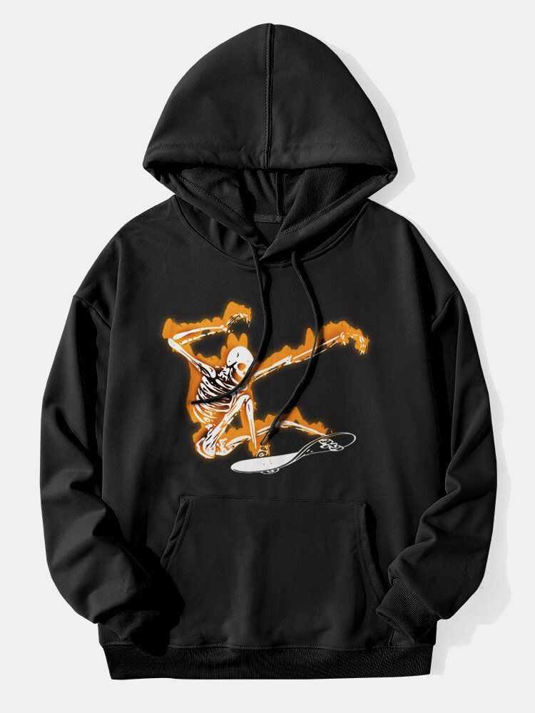 Männer Halloween Skeleton Graphic Kangaroo Pocket Street Drawstring Hoodies