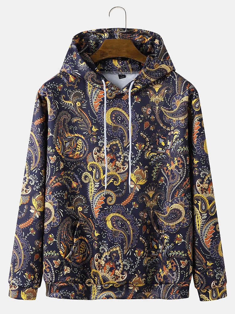 Männer Retro Ethnic Paisley Printing Drawstring Hoodies Känguru-taschen Kapuzen-sweatshirt