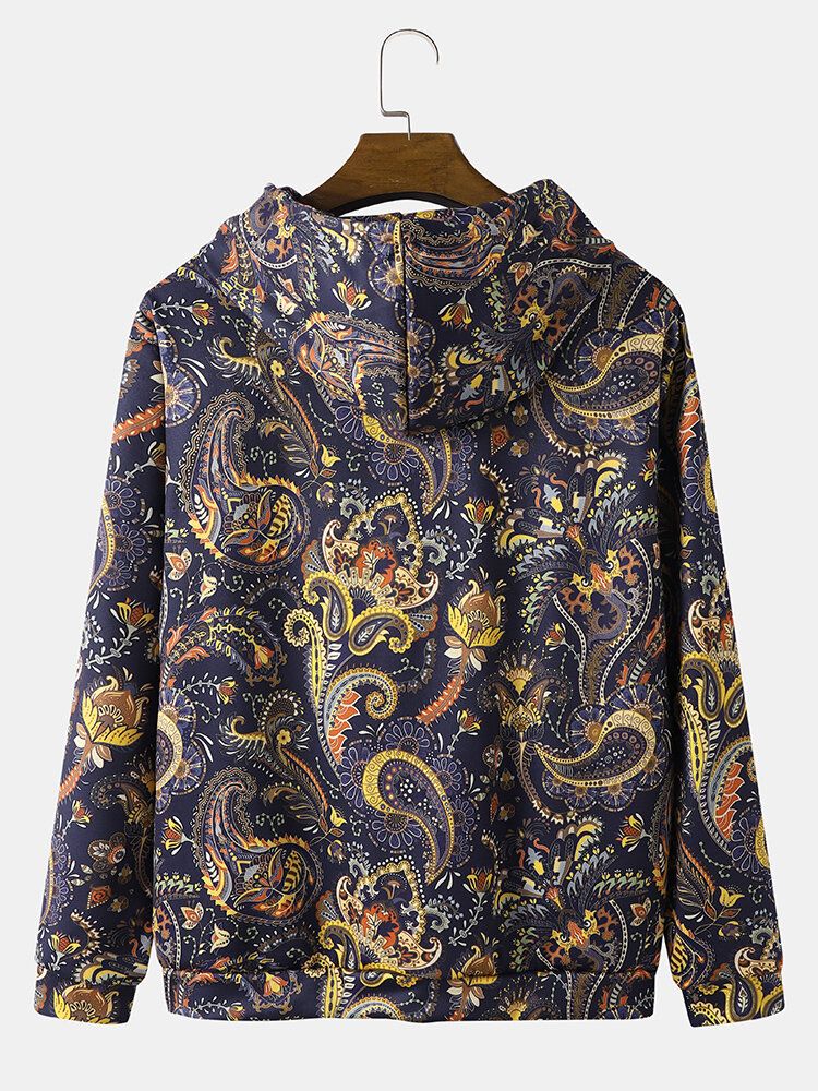 Männer Retro Ethnic Paisley Printing Drawstring Hoodies Känguru-taschen Kapuzen-sweatshirt