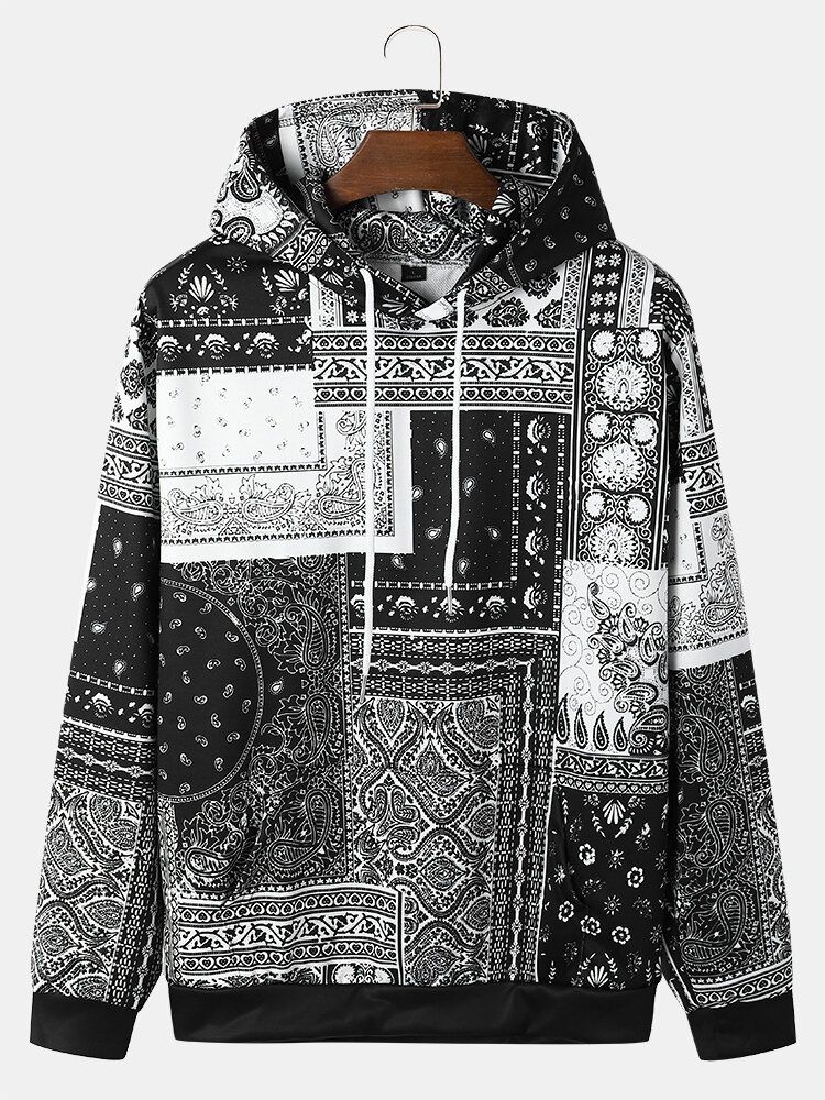 Männer Retro Paisley Ethnic Contrast Kapuzenpullis Mit Kordelzug Auf Der Vorderseite