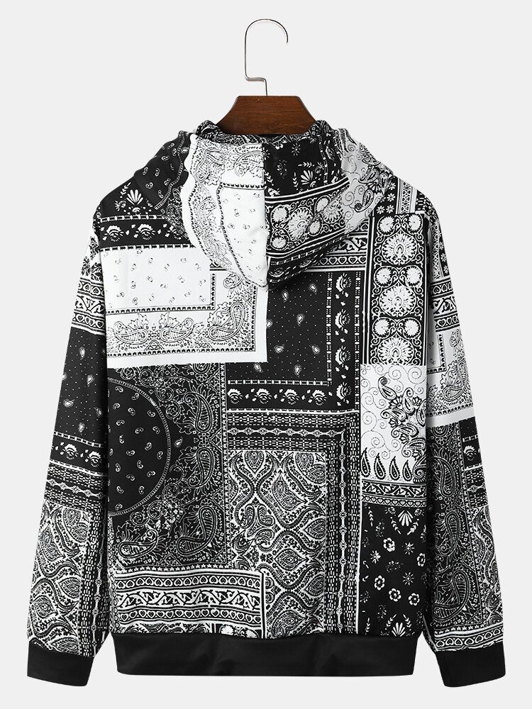 Männer Retro Paisley Ethnic Contrast Kapuzenpullis Mit Kordelzug Auf Der Vorderseite