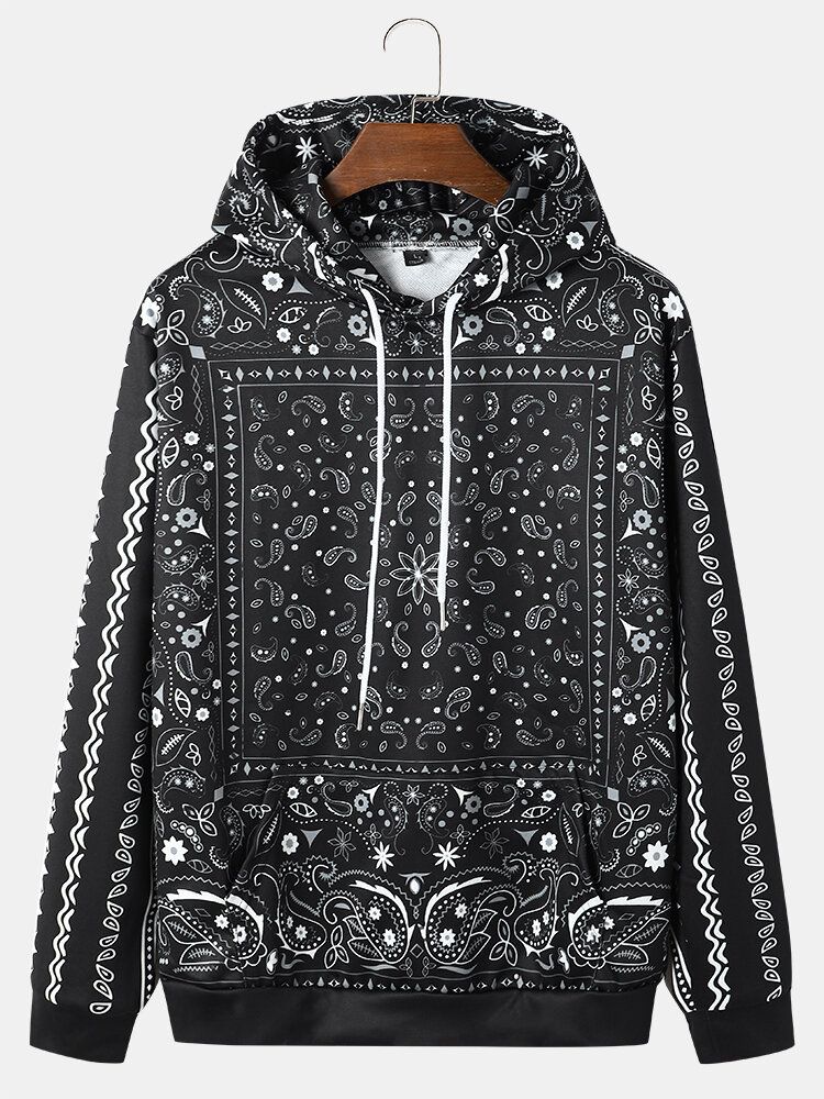 Männer Retro Paisley Ethnic Fronttaschenmuster Drawstring Hoodies