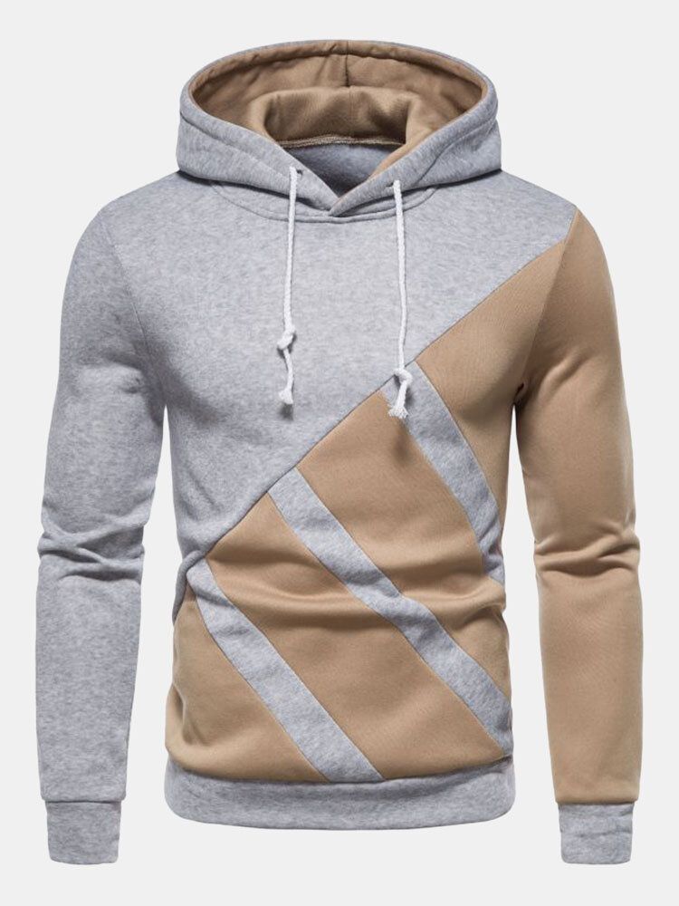 Männer Splicing Contrast Color Slant Strip Drawstring Lässiges Kapuzen-sweatshirt