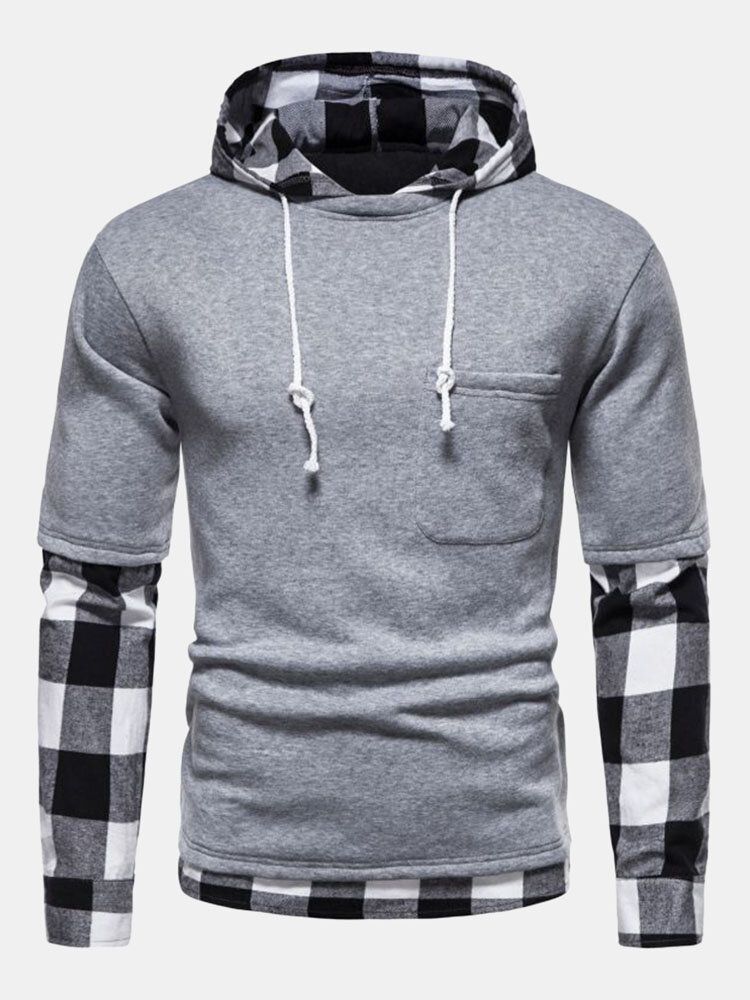 Männer Splicing Plaid Fakes Zwei Kontrastierende Taschen Pullover Kapuzen-sweatshirt