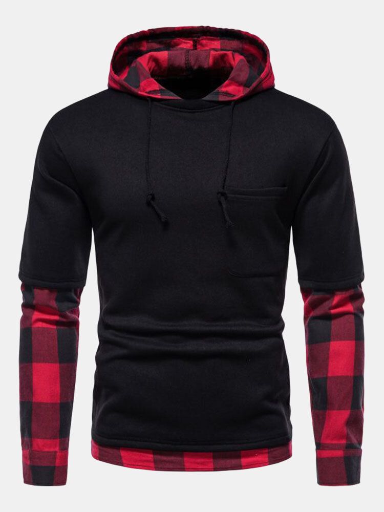 Männer Splicing Plaid Fakes Zwei Kontrastierende Taschen Pullover Kapuzen-sweatshirt