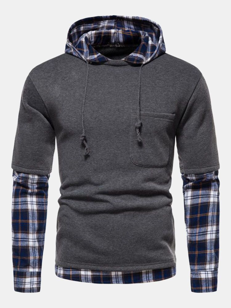 Männer Splicing Plaid Fakes Zwei Kontrastierende Taschen Pullover Kapuzen-sweatshirt