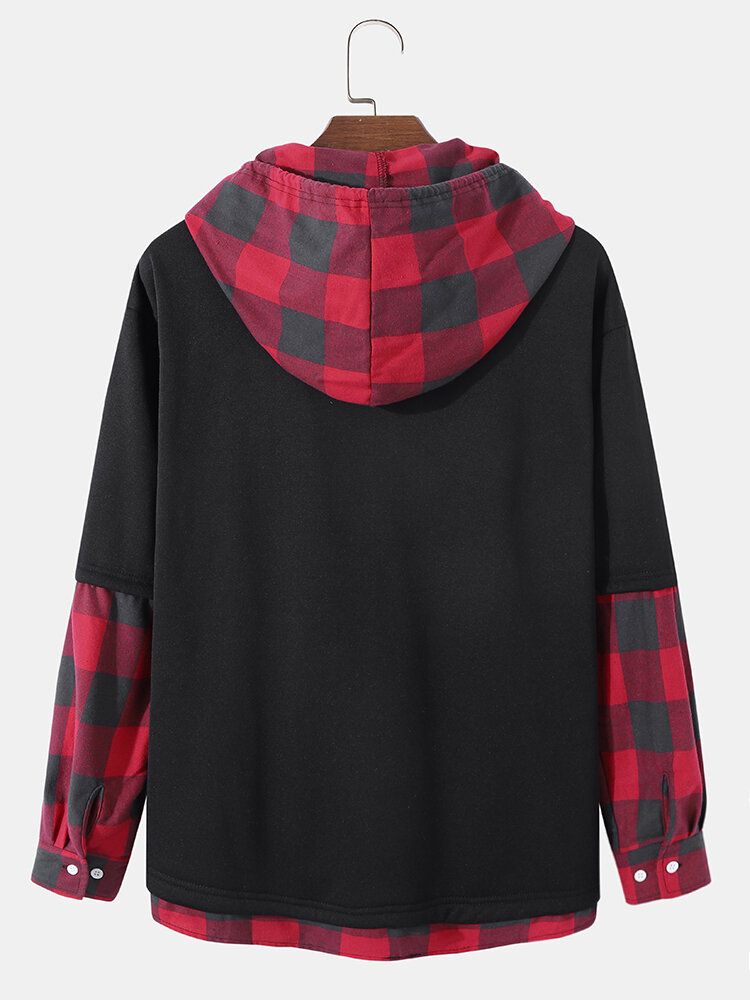 Männer Splicing Plaid Fakes Zwei Kontrastierende Taschen Pullover Kapuzen-sweatshirt