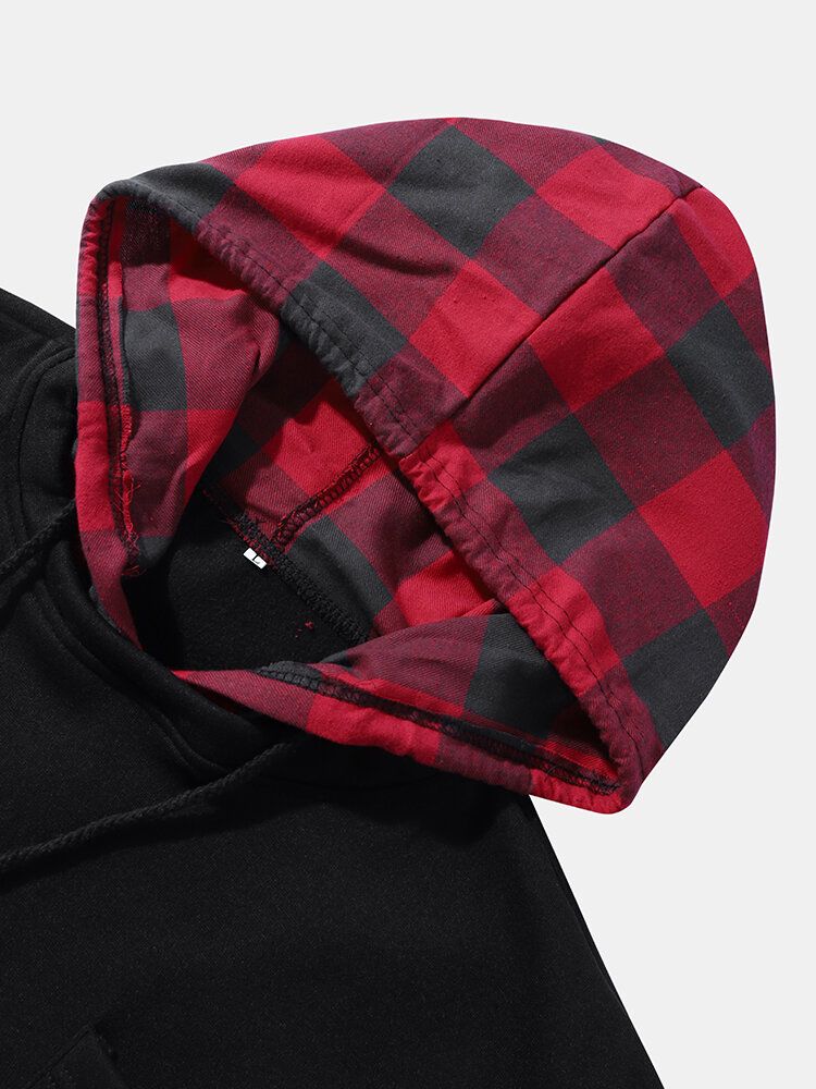 Männer Splicing Plaid Fakes Zwei Kontrastierende Taschen Pullover Kapuzen-sweatshirt