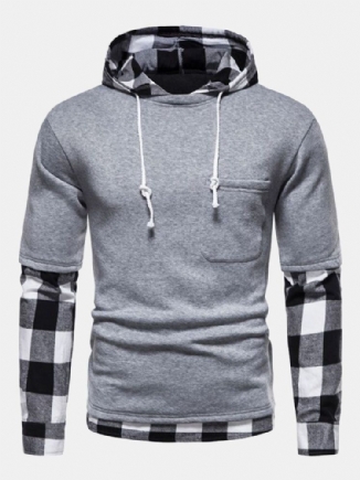 Männer Splicing Plaid Fakes Zwei Kontrastierende Taschen Pullover Kapuzen-sweatshirt