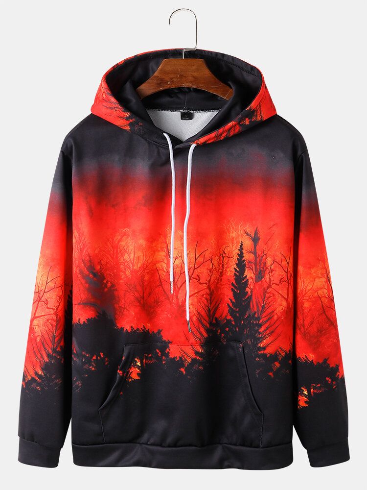 Overhead-hoodies Mit Durchgehendem Ombré-walddruck Und Kordelzug Für Herren