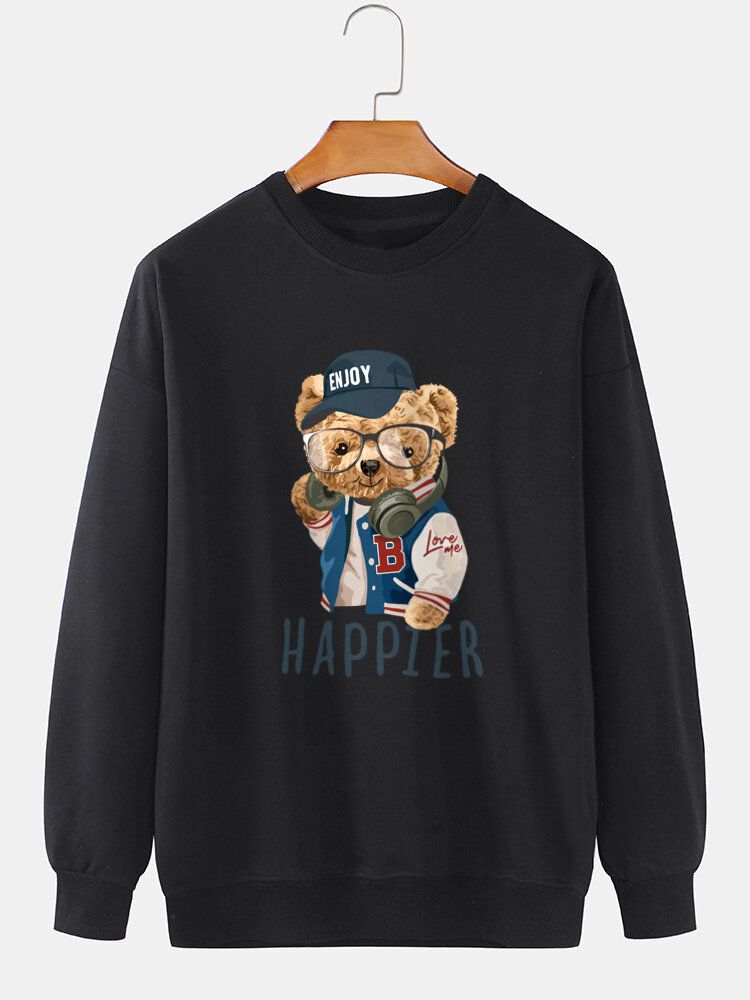 Preppy Rundhals-sweatshirt Mit Bären-cartoon-print Für Herren