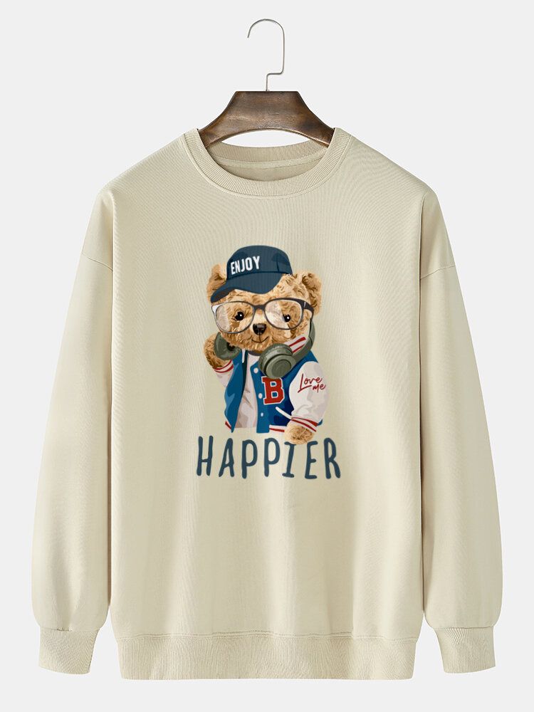 Preppy Rundhals-sweatshirt Mit Bären-cartoon-print Für Herren