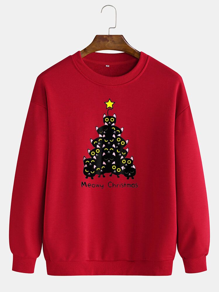 Pullover Mit Rundhalsausschnitt Und Drop-shoulder-sweatshirt Mit Katzen-weihnachtsbaum-aufdruck Für Herren