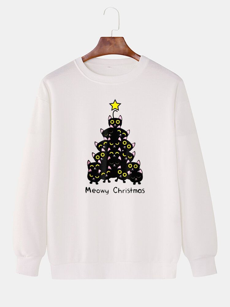 Pullover Mit Rundhalsausschnitt Und Drop-shoulder-sweatshirt Mit Katzen-weihnachtsbaum-aufdruck Für Herren