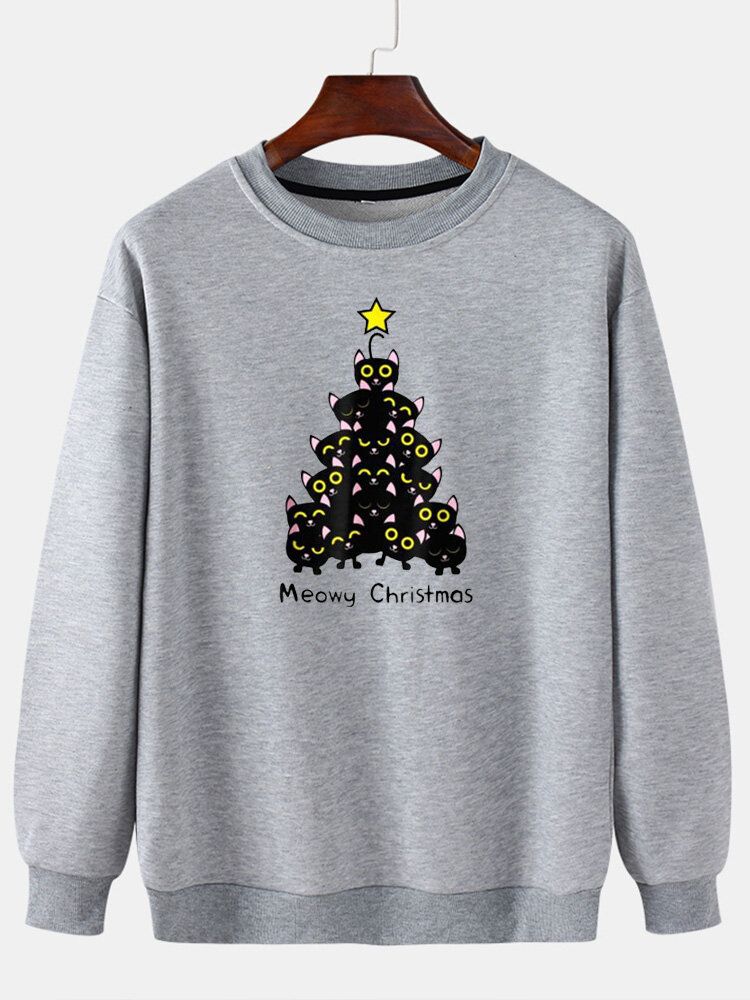 Pullover Mit Rundhalsausschnitt Und Drop-shoulder-sweatshirt Mit Katzen-weihnachtsbaum-aufdruck Für Herren