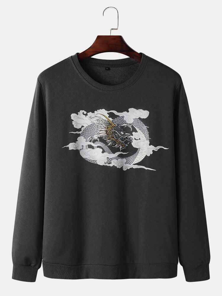 Rundhals-sweatshirts Aus Baumwolle Im Nationalstil Mit Drachenwolken-print Für Herren