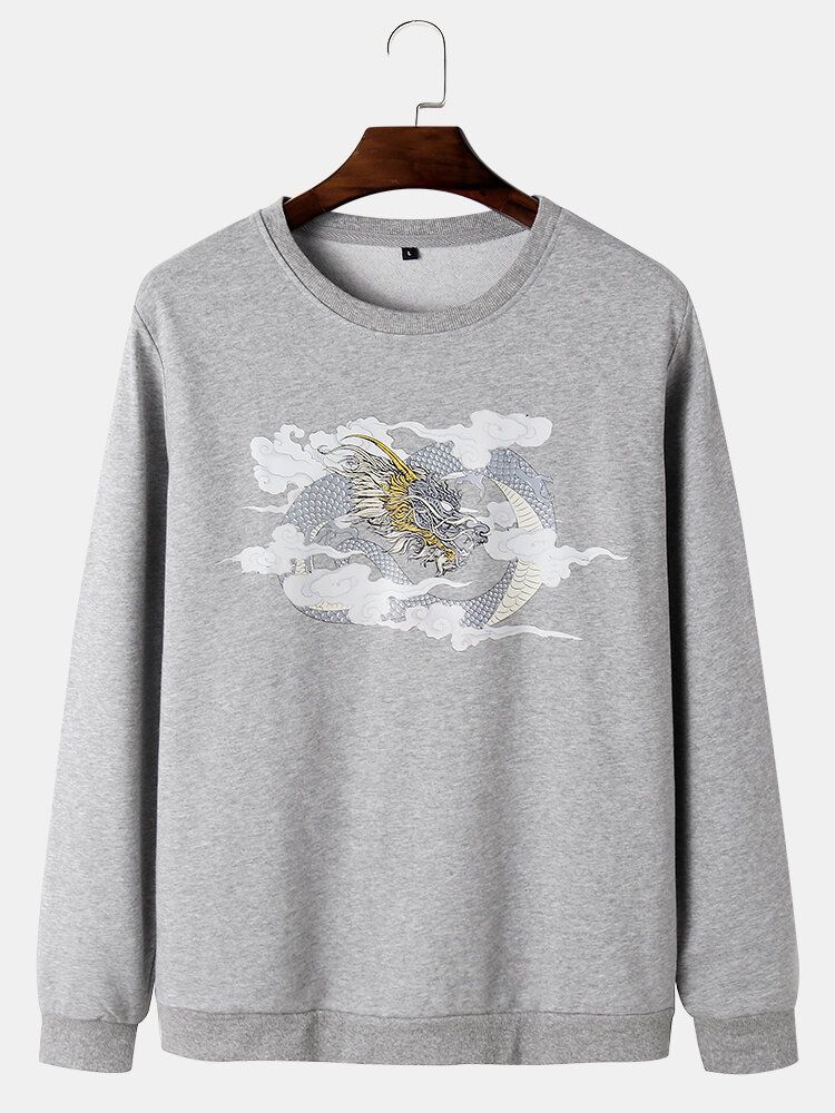 Rundhals-sweatshirts Aus Baumwolle Im Nationalstil Mit Drachenwolken-print Für Herren