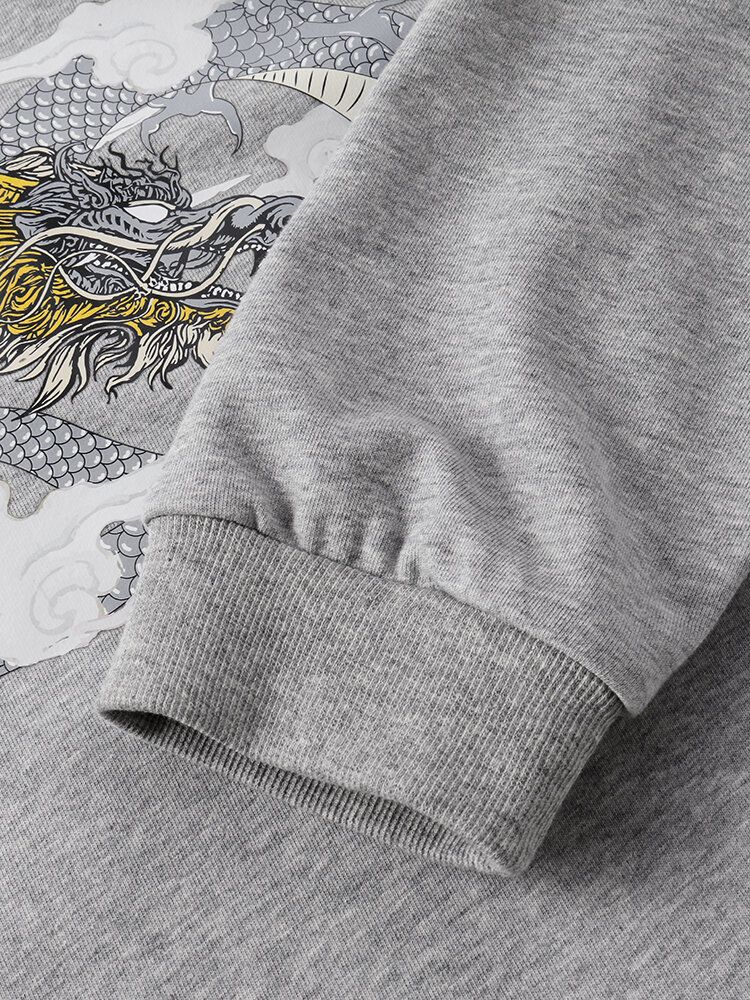 Rundhals-sweatshirts Aus Baumwolle Im Nationalstil Mit Drachenwolken-print Für Herren