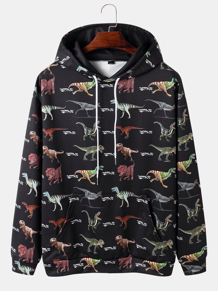 Schwarzer Kapuzenpullover Mit Durchgehendem Dinosaurier-print Und Kordelzug Für Herren Mit Kängurutasche